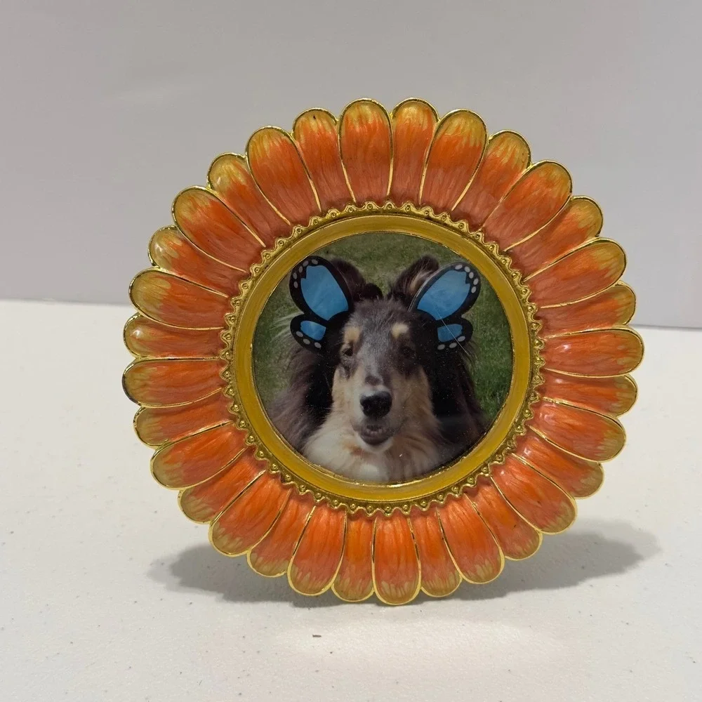 Vintage Style Orange Enamel Sunflower Round Picture Frame Gold Tone 5 Inch